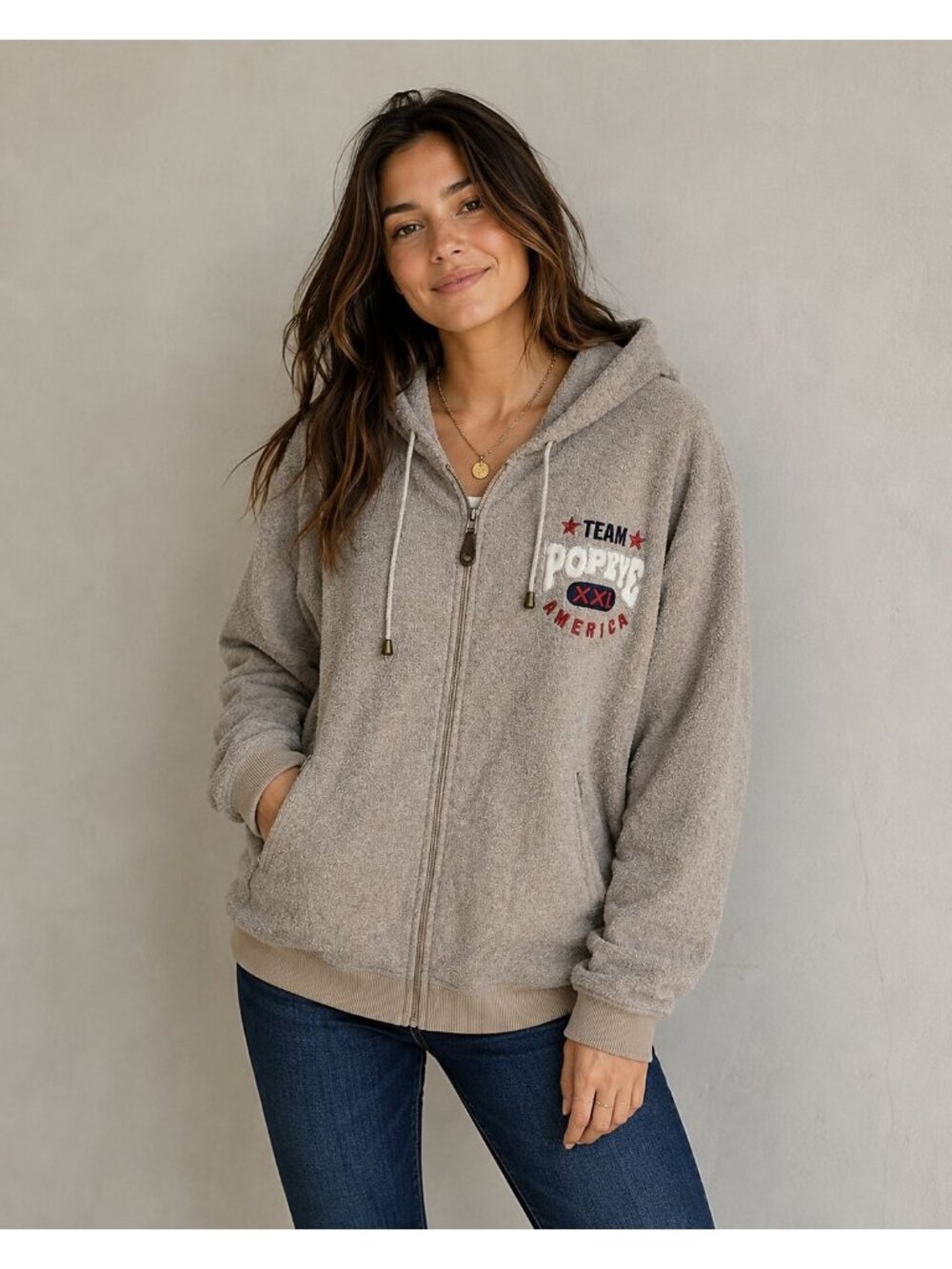 Popeye Vtg Team Porto American Hoodie Full Zip Beige/Red Size 5